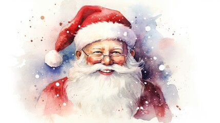  a watercolor painting of a santa clause wearing glasses and a santa hat with snow flakes on the side of his face and a white background with red and blue spots.  generative ai