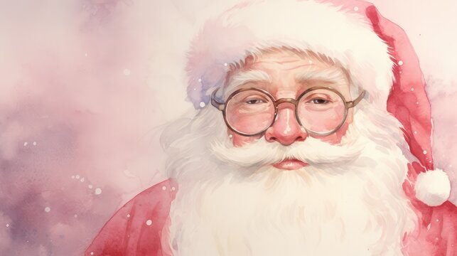  a watercolor painting of a santa clause wearing glasses and a santa hat with snow flakes on the background of a watercolor painting of a man's face.  generative ai