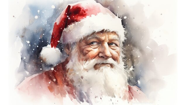  a watercolor painting of a man wearing a santa hat with snow flakes on the side of his face and his right hand in front of his left hand.  generative ai