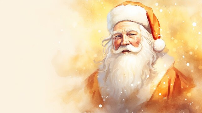  a painting of a santa clause wearing a santa claus hat and looking off to the side with snow falling on the ground behind him and snowing on the ground.  generative ai