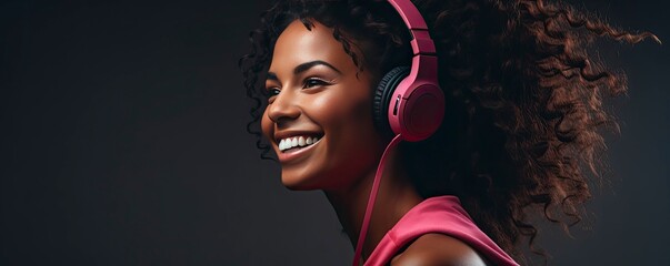 dark skinned woman in good mood, raises arm with muscles, has strong body, dressed in gym outfit, listens audio, Generative AI