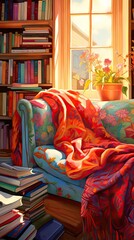  a painting of a couch covered in a blanket in front of a bookshelf with a potted plant on top of it in front of a window sill.  generative ai