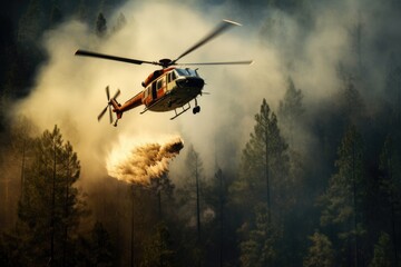 Air helicopter firefighting of forest wildfire.