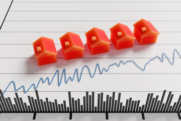 Row of red toy houses on a fluctuating line graph with transaction volumes indicated as bar chart at the bottom. Illustration of the concept of price changes of real estate properties - obrazy, fototapety, plakaty