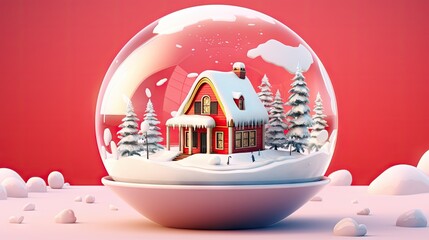  a snow globe with a house in the middle of it and snow on the ground in front of a red background with white snow flakes and snowflakes.  generative ai