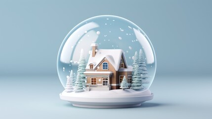  a snow globe with a house in the middle of it and snow on the ground and trees in the middle of the globe, on a blue background is a.  generative ai