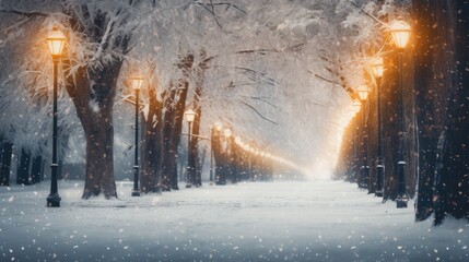  a snowy night in a park with a street light and street lamp in the foreground and trees on the other side of the path, with snow falling on the ground.  generative ai