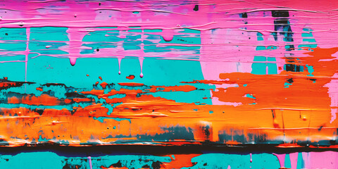 Vivid abstract painting with bold strokes of pink, turquoise, and orange.