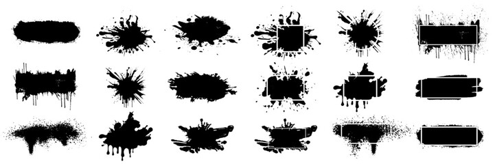 Black splashes isolated on white background. Dirty artistic design elements, black grunge graphic box with frame for text. 