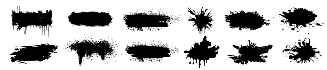 Set of splashes, blots. Black inked splatter dirt stain splattered spray splash with drops blots. - obrazy, fototapety, plakaty