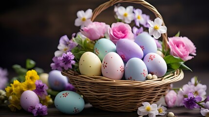 Obraz na płótnie Canvas easter eggs in a basket and flowers