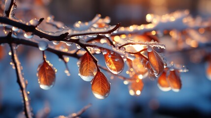 a close-up view of a tree branch during winter, with water droplets frozen around the edges of reddish-brown leaves. Sunlight creating a warm glow amidst the cold.  icy branch orange leaves - Powered by Adobe