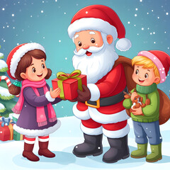 Christmas Illustration With Santa Claus giving gifts to children between them
