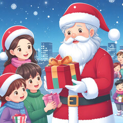 Christmas Illustration With Santa Claus giving gifts to children
