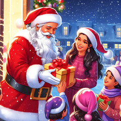 Christmas Illustration With Santa Claus handing out gifts to four children in a snow scene