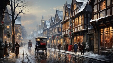 Fototapeta premium Christmas Festive winter scenery, 18th century painting.