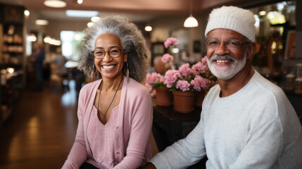 Portrait of smiling senior african american couple sitting in coffee shop. They are looking at camera and smiling