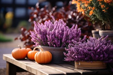 purple flower pot with pumpkin autumn season wooden terrace balcony beautiful house ideas concept - obrazy, fototapety, plakaty
