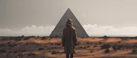A man stands with his back to the camera and looks at the pyramids. Meditation near the pyramids in Cairo, Egypt - obrazy, fototapety, plakaty