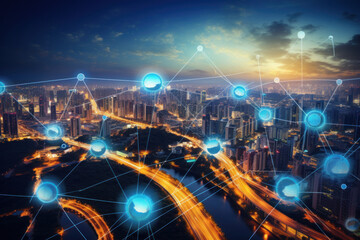 Illustrating a concept, a shot showcases a smart city with IoT integration, emphasizing urban interconnectedness and the evolving role of smart technologies in future cities - obrazy, fototapety, plakaty