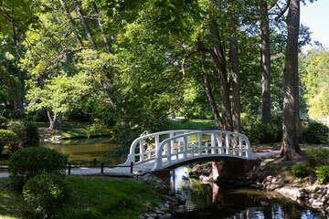 A little romantic bridge in a city park made of wood, painted in white. Park in natural light, on a...