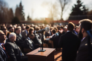 Symbolizing the nexus of information dissemination at a high-profile press event, a close-up showcases the detailed features of a microphone surrounded by a sea of reporters - obrazy, fototapety, plakaty