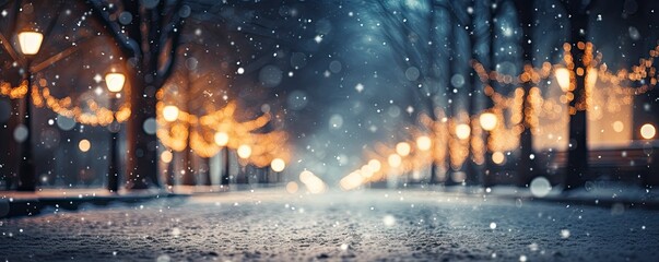 Beautiful blurred street of festive night or evening city with snowfall and Christmas lights. Abstract christmas defocused background, Generative AI