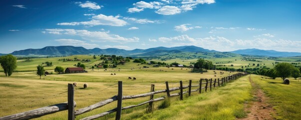 Rural landscape with wheat field on sunset, Generative AI