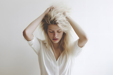 Fototapeta premium Young woman holding her head in pain isolated on white background. Migraine 