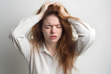 Naklejka premium Young woman holding her head in pain isolated on white background. Migraine 