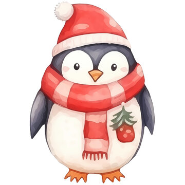 Watercolor Christmas penguin Santa.