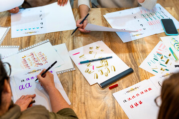 Art lettering workshop. Learning to draw letters. College classes. - obrazy, fototapety, plakaty