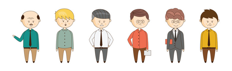 Man Business and Office Employee Character in Suit and Tie Standing Vector Set