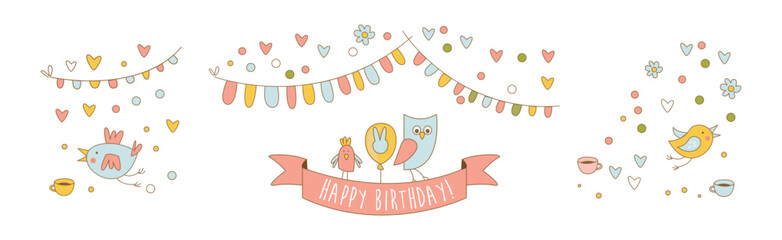 Cute Bird Animal Character Celebrating Birthday Holiday with Garland Vector Set