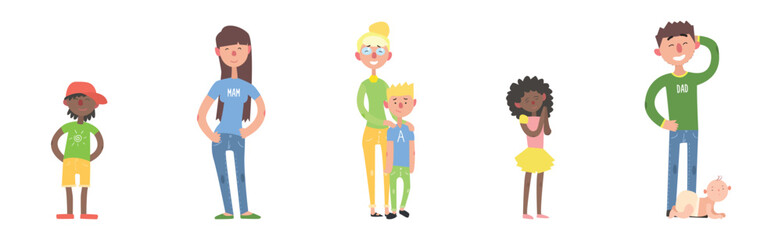Happy Man, Woman and Kids Standing and Smiling Vector Illustration Set