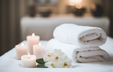 Obraz na płótnie Canvas Towels and candles on massage table in spa salon. Place for relaxation