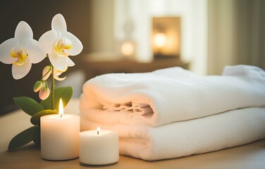 Fototapeta na wymiar Towels and candles on massage table in spa salon. Place for relaxation