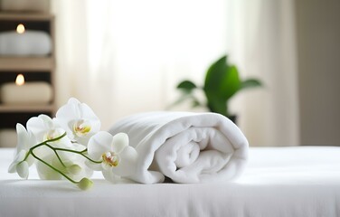 Towels and candles on massage table in spa salon. Place for relaxation