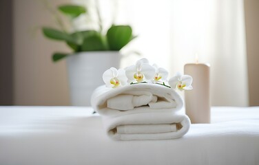 Fototapeta na wymiar Towels and candles on massage table in spa salon. Place for relaxation