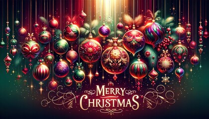 A stunning Merry Christmas vector illustration in landscape mode, featuring hanging ball decorations.