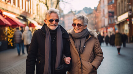 Obraz premium Happy elderly couple walks down a christmas market street