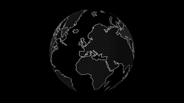 Digital white globe on a black background. World map with white outline and white dots, slowly rotating.