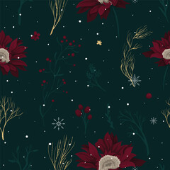 Seamless Christmas floral pattern with snowflakes - 677750304