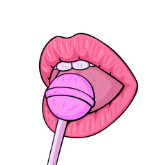lips with candy, mouth with lollipop. Vector Illustration for printing, backgrounds and packaging. Image can be used for greeting cards, posters, stickers and textile. Isolated on white background.