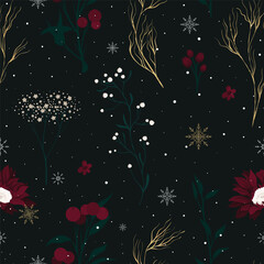 Seamless Christmas floral pattern with snowflakes - 677750333