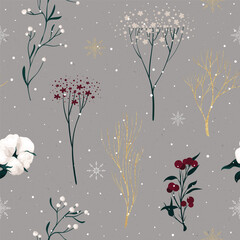 Seamless Christmas floral pattern with snowflakes - 677750336