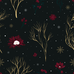 Seamless Christmas floral pattern with snowflakes - 677750380