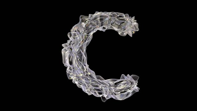 3D glass alphabet letter c with light dispersion animation isolated on black background
