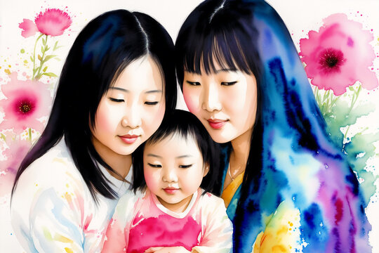 Celebrating Asian Family Traditions. Asian boy, asian girl. Asian mother and daughter. Generative AI