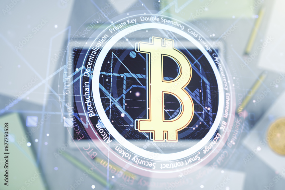 Poster Double exposure of creative Bitcoin symbol hologram and modern digital tablet on background. Mining and blockchain concept